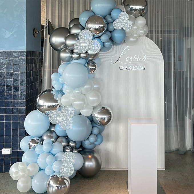 Blue Winter Wonderland Balloons, 60 PCS 12 Inch Dusty Light Baby Blue White and Silver Balloon Snowflake Balloons for Boy Baby Shower Winter Christmas Holiday Birthday Party Decorations