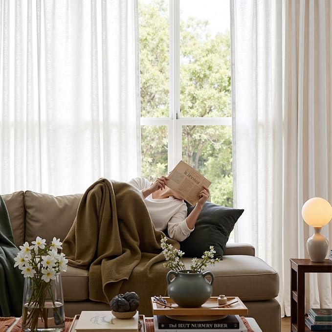 jinchan Linen Blend Curtain 120 inch Extra Long 1 Panel Extra Long for Sliding Door, Light Filtering 100 inch Extra Wide Patio Door Drape with Rod Pocket Back Tab(100W x 120L, Off White)