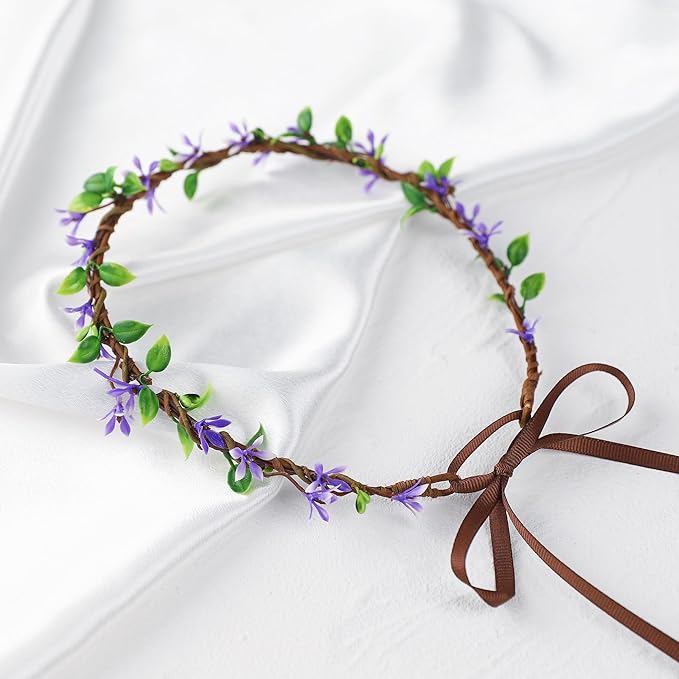 Handmade Purple Flower Crown Girls Headband Bridal Headpiece Flower Wreath for Women Hair Halo Floral Headdress for Weeding Party Festival Birthday