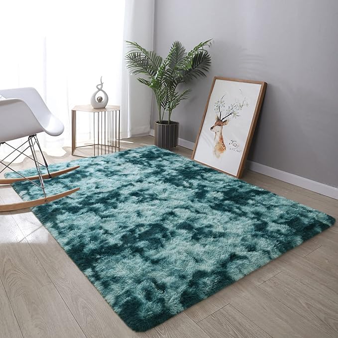DweIke Fluffy Peacock Blue Rugs for Bedroom Living Room, 4x6 Feet Soft Plush Shaggy Tie-Dyed Teal Blue Girls Boys Kids Rug, Upgraded Non-Slip and Machine Washable Carpet for Dorm Nursery Decor