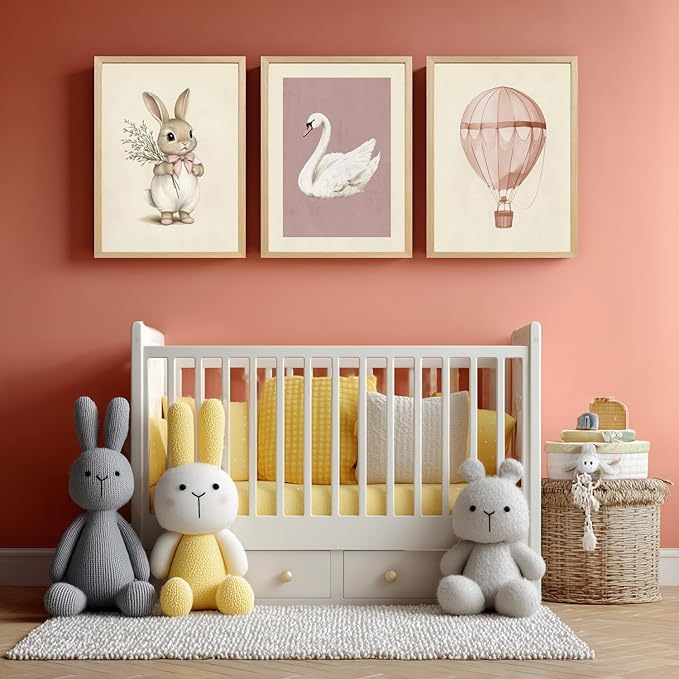 kilamino Pink Baby Girl Nursery Wall Art, Neutral Cute Rabbit and Swan Wall Decor, Vintage Hot Air Balloon Poster Prints, Pastel Bunny Animals Canvas Paintings for Baby Room Wood Framed 12"x16"x3