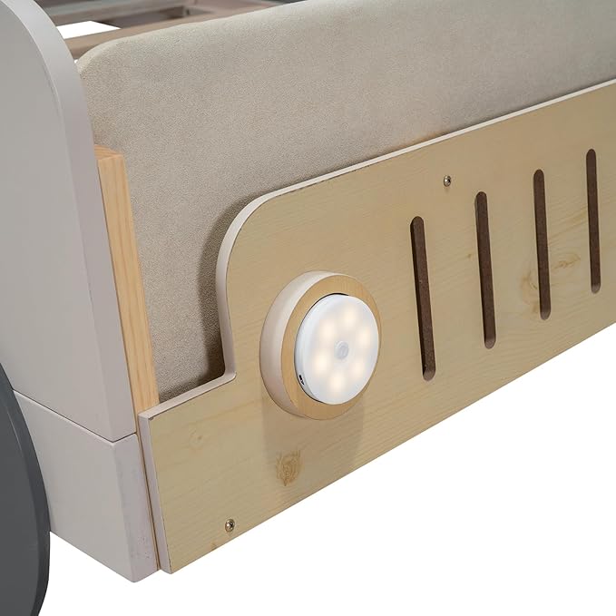 Twin Size Car Bed with Pillow & Car Headlights Shaped LED Light,Wood Kid Bed Frame W/Ceiling Cloth & Magazine Holder,Toy Bedroom Furniture for Boys Toddlers Child,Natural