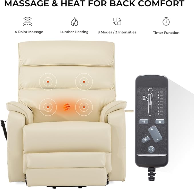 DYNOX 400 LBS Big Tall Man Large-Wide Power Dual Motor Lift Recliners Chairs for Elderly, Lay Flat Lift Chair with Infinite Positions, Heat & Massage, Extended Footrest (9298L,Faux Leather,Cream)