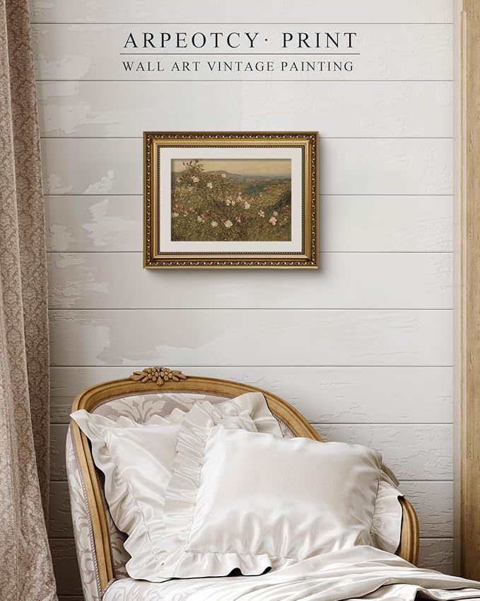 ARPEOTCY Vintage Gold Framed Wall Art, Retro Floral Pink Roses Landscape Paintings, Flowers Canvas Prints Artwork for Living Room, Victorian Antique Wall Decor for Bathroom Bedroom, 11x14 inch
