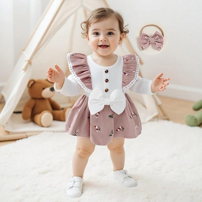 Giraropa Baby Girl Fall Winter Clothes Long Sleeve Romper Dress + Socks + Headband Newborn Infant Cute Casual Outfits