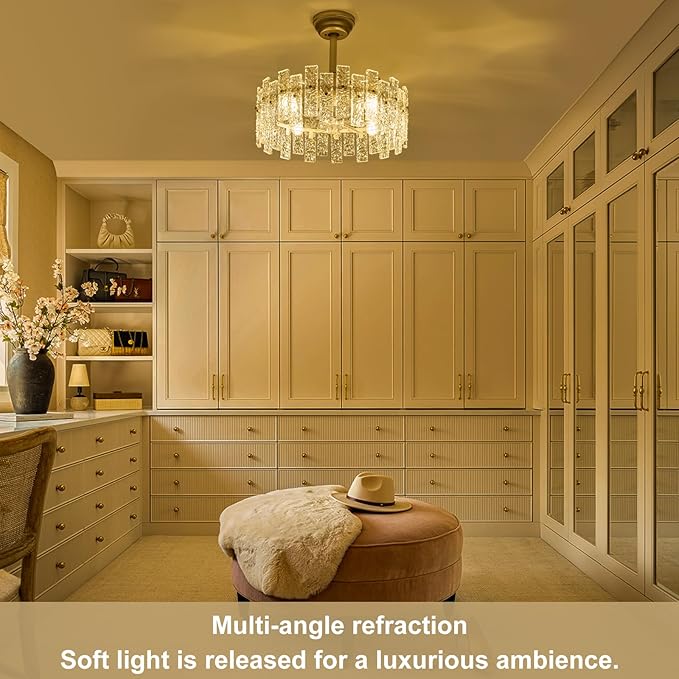 20" Gold Fandelier Ceiling Fan with Lights, Gold Crystal Chandelier Ceiling Fans with Light Remote Control, Modern Caged 6-Speed for Bedroom, Living Room, Nursery