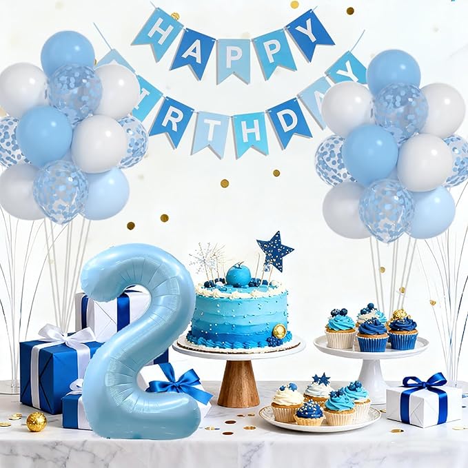 2nd Birthday Decorations For Boy -12 Inch Blue White Balloons, 40 Inch Blue 2 Balloon,, Happy Birthday Banner for Baby Boy 2 Year Old BD Party Decorations