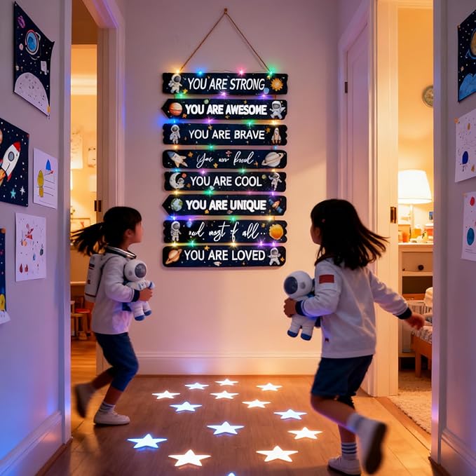 Cool Classic Space Astronaut Sign Nursery Wall Decor Set of 8, 16x5 Modern Motivational Cute Rocket Planets Plaque Wall Art for Baby Boy Kid Teen Toddlers, 4 PCS Wooden Gallery Quote Gift for Gameroom
