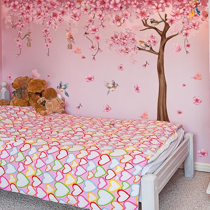 Pink Cherry Blossom Tree Wall Decals, Pink Floral Birds Butterflies Wall Stickers for Girls Bedroom Playroom Nursary, 59x35 inch