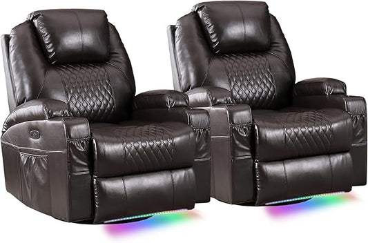 Power Swivel Rocker Recliner Chair with Massage and Heat/LED Lights/USB and Type-C Ports/Infinite Position/Cup Holder, Electric Glider Reclining Sofa for Nursery Living Room(2, Brown)