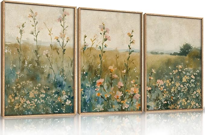 HLNIUC Vintage Watercolor Wildflower Landscape 3 Piece Wall Art Framed, Large Retro Floral Wall Decor(24x36), Nature Wilderness Farmhouse Rustic Field Canvas Painting for Living Room, Bedroom, Office