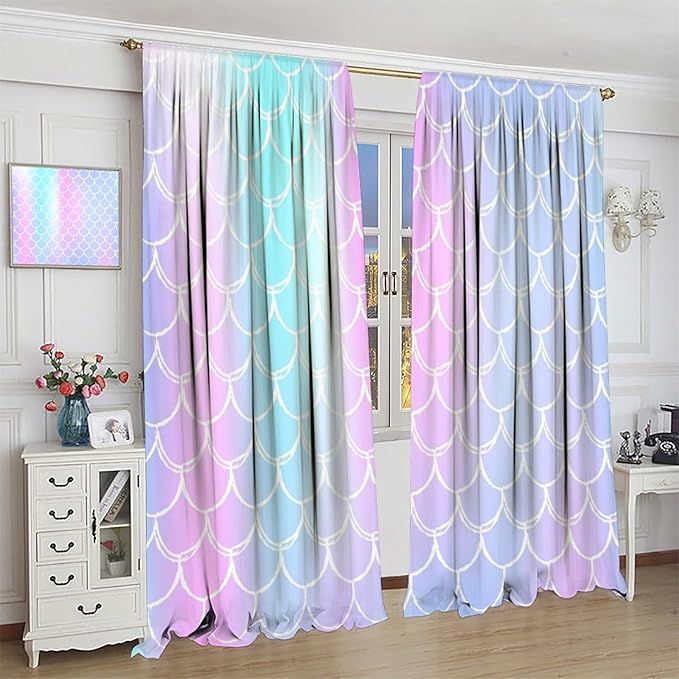 Fantasy Mermaid Curtain Rainbow Mermaid Scales Purple Pink Blue Ocean Theme Dream Blackout Window Treatment for Kids Boys Girls Bedroom Nursery Room Decor Rod Pocket Window Drapes 63x63in