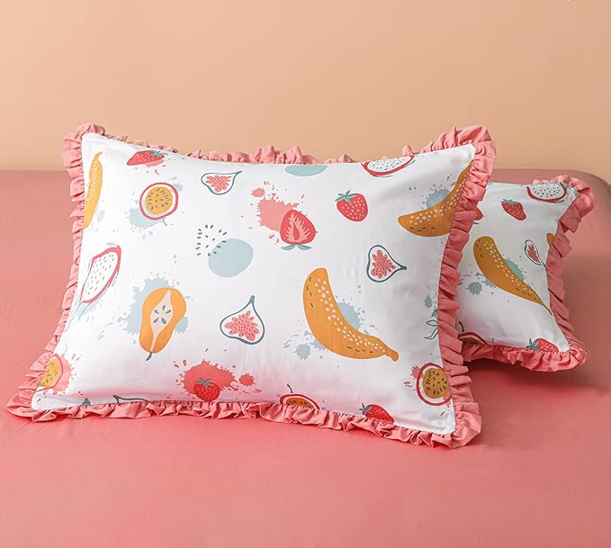Simple&Opulence 100% Organic Cotton Duvet Cover for Kids Teens, 3 Piece Soft Cartoon Comforter Cover with Zipper Closure, Kawaii Girls Bedding Set with Colorful Fruits Pattern, Twin
