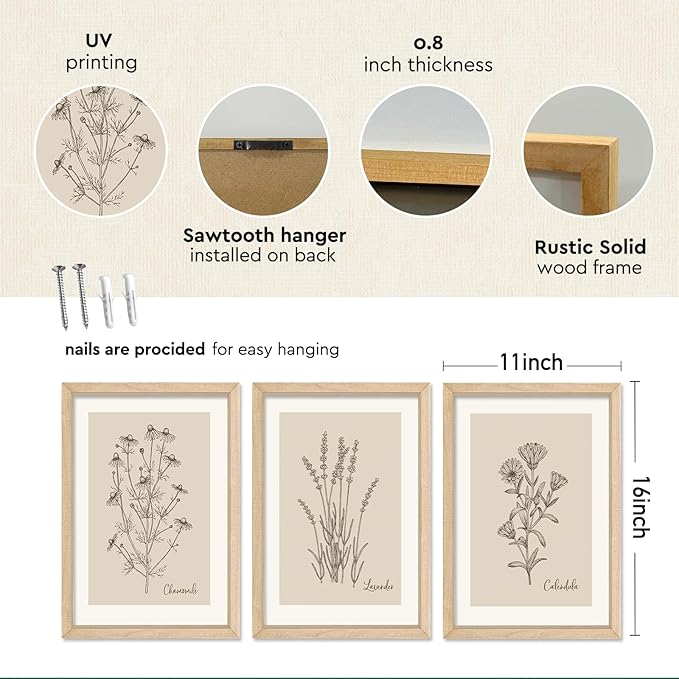 YWJKWLGS Vintage Botanical Wall Art 11x16 Inch Set Of 3 Wooded Framed Minimalist Rustic Wildflower Pictures Floral Sign Bedroom Wall Hanging Decor (Wood)