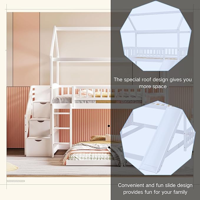 MERITLINE Twin Over Full L Shaped Bunk Bed for 2,Solid Wood House Floor Bunk Bed with Slide and Storage Stairs,No Box Spring Needed (White)