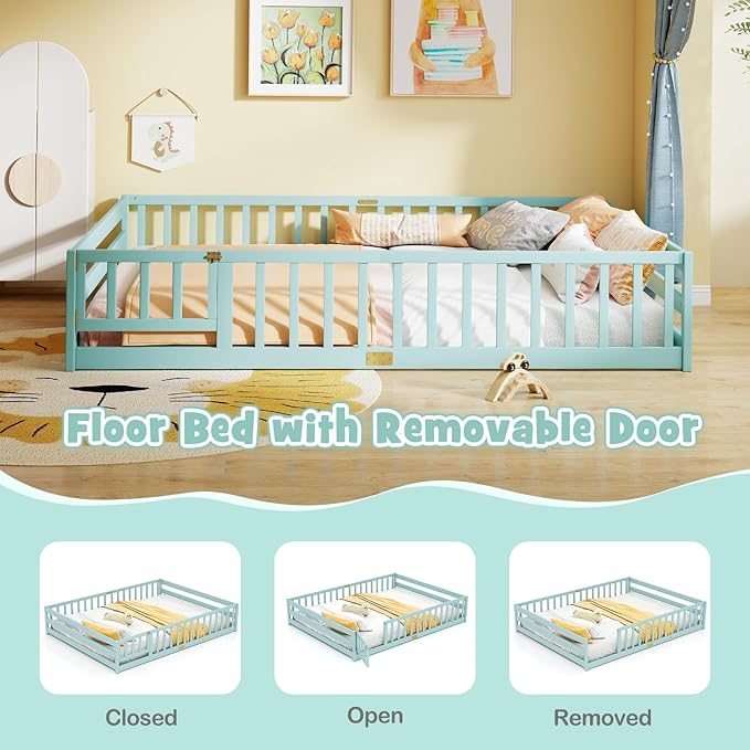 KOMFOTT Queen Size Wood Floor Bed with Door & Fence, Montessori Bed Frame with Full Length Safety Guardrails, Door & Latch, Wooden Montessori Floor Bed for Kids, Girls, Boys (Queen,Green)