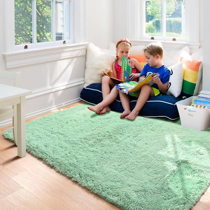 ONASAR Sage Green Area Rugs for Bedroom Living Room, 4x6 Fluffy Cute Indoor Bedside Floor Rug, Washable Ultra Soft Plush Fuzzy Shaggy Carpets for Nursery Kids Girls Boys Teen Dorm Playroom Home Decor