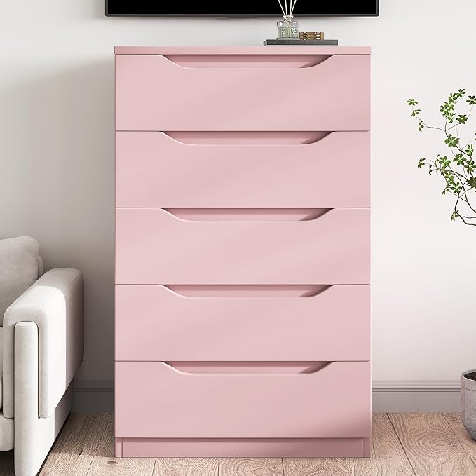 Pink Tall 5 Drawer Dresser for Bedroom with Hidden Storage Design, Large Modern Closet Dressers & Chests of Drawers with Cut-Out Handles, 27.6" L*15.8" W*45.3" H for Bedroom, Living Room, Nursery