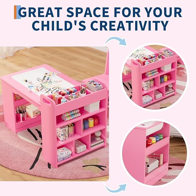 Kids Art Table and 2 Chairs, Craft Table with Large Storage Shelves,Toddler Wooden Drawing Desk Activity & Crafts Children's Wooden Furniture for Classroom Daycares,Home