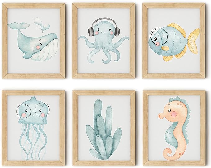 Blue Watercolor Nursery Posters Wall Art Set of 6 Ocean Animal Canvas Art Prints Pictures Sea Whale Jellyfish Seahorse Wall Decor Paintings Nautical Beach for Baby Kids Room 12x16 Inch Unframed﻿