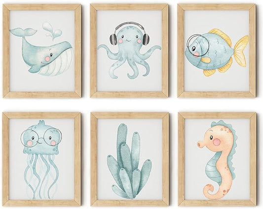 Blue Watercolor Nursery Wall Art Posters Set of 6 Ocean Animal Canvas Art Prints Pictures Sea Whale Jellyfish Seahorse Wall Decor Paintings Nautical Beach for Baby Kids Room 8x10 Inch Unframed﻿