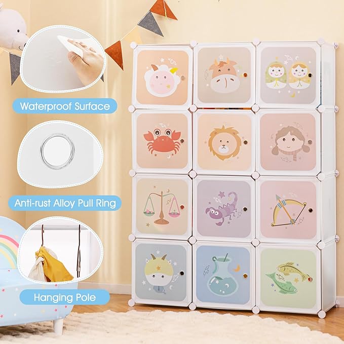INFANS Children Wardrobe, Kid Closet Portable Baby Dresser Cute for Kids Bedroom Nursery Armoire with Doors 12 Cube 2 Hanging Sections, Kid Clothes Storage Organizer
