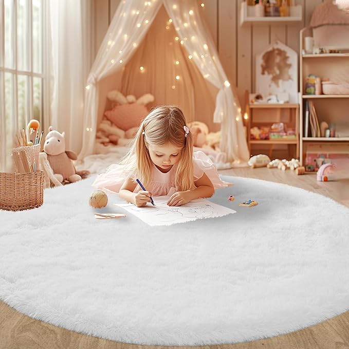 CAIYUECS White Round Rug for Bedroom: 6x6 Feet Soft and Fluffy Area Rug for Living Room- Circle Furry Plush Rug for Kids Room, Dorm- Fuzzy Rugs for Living Room, Home Decor (6ft, White)