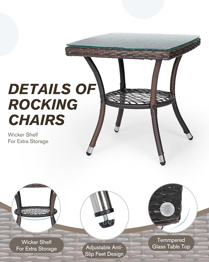 Outdoor Rocking Chairs Set of 2 with Side Table, Patio Rocking Chairs Wicker Set, 3 Piece Patio Rocker Furniture Set with Water-Resistant Cushions for Porch Balcony Backyard