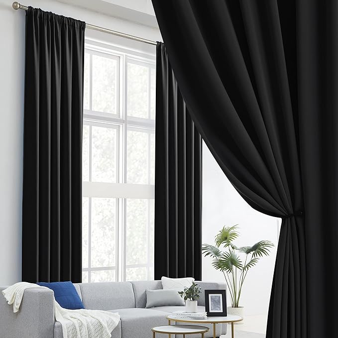 DUALIFE Black Blackout Curtains 105 Inch Long for Living Room, Back Tab and Rod Pocket, Thermal Insulated Room Darkening Drapes for Living Room, 2 Panels 52W x 105L