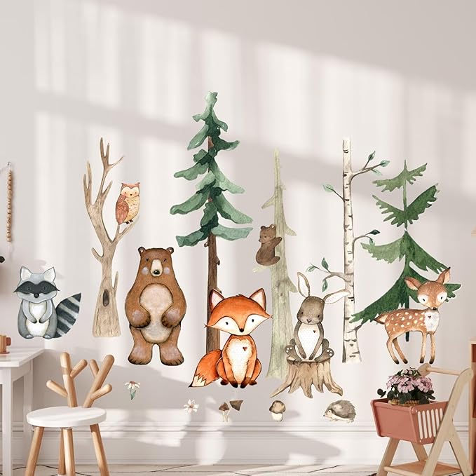 Large Woodland Animals Nursery Wall Decals,Watercolor Forest Tree Fox Deer Bear Wall Stickers,Peel and Stick Jungle Bedroom Room Decor for Nursery Baby Kids Boys