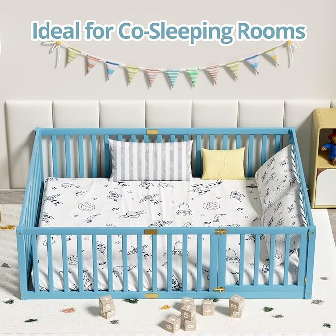 LLS Full Size Floor Bed with 21.6" High Fence for Kids Boys Girls, Solid Wood Multifunctional Montessori Bed Frame with Door, Without Slats, Sky