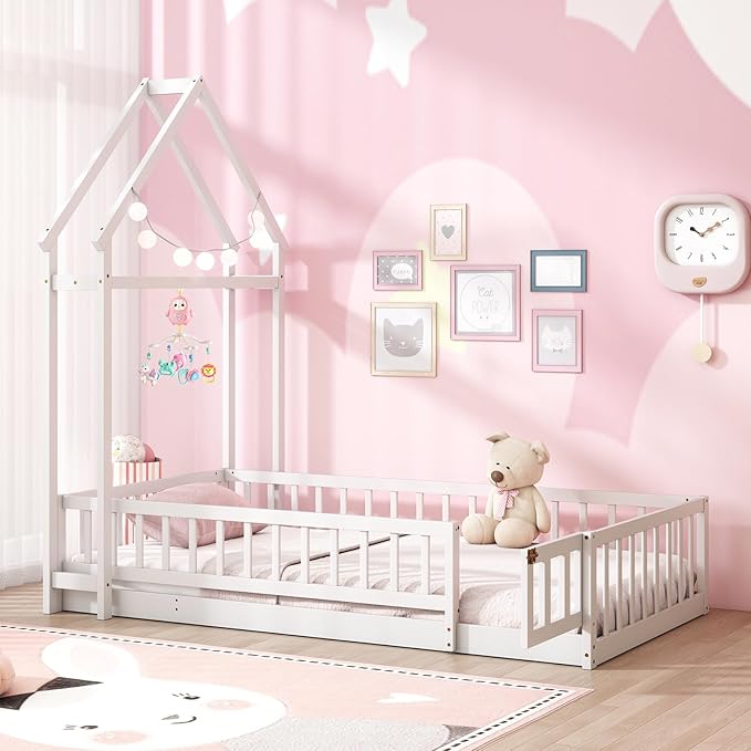 MAT EXPERT Twin Floor Bed with House-Shaped Headboard, Montessori Kids Bed with Detachable Clothes Hanger, Full Length Safety Guardrails, Solid Wood Twin Bed Frames for Kids (White)