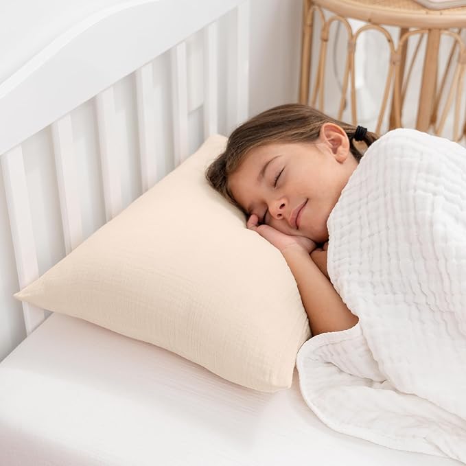 Comfy Cubs Toddler Pillow with Muslin Pillowcase, 13 x 18 in - Travel and Sleep Support for Kids - Lightweight, Breathable Microfiber Fill - Soft and Cozy Small Pillow for Toddlers - Cream