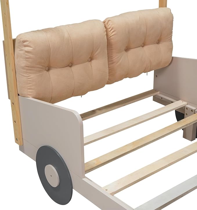 Twin Size Classic Car-Shaped Platform Bed with Wheels and Ceiling Cloth, Solid Wood Low Bed Frame with Pillow and LED Lights, Cute Floor Bed for Kids Boy Girls