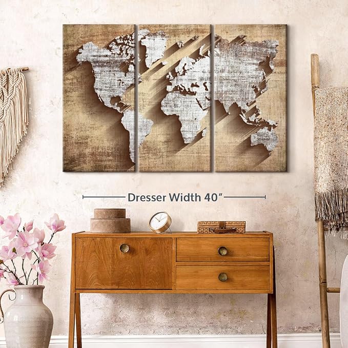 ElephantStock Dimensional World Map II Multi Piece Canvas - 3 Piece Canvas World Map Wall Decor - Wall Decor, Ready-to-Hang Print - Vintage Wall Art - 50" X 32"