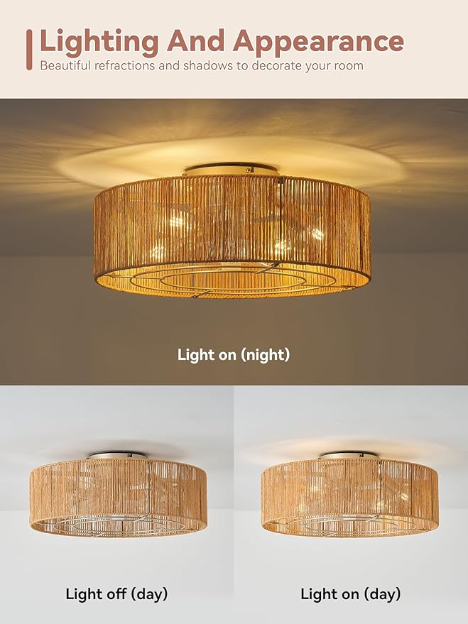 Ceiling Fans with Lights, 20" Boho Ceiling Fan with Light Flush Mount, Drum Rattan Low Profile with 6 Speeds, Remote Control for Bedroom, Nursery, Living Room (Yellow)