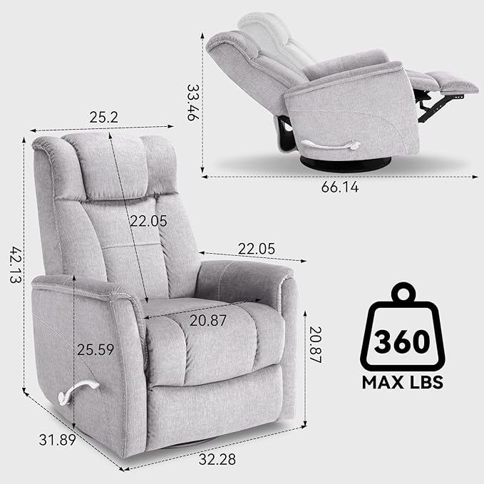 Swivel Rocking Recliner, 360° Manual Comfy Nursery Glider Rocker Chair for for Adults, Upholstered Soft Fabric Reclining Chair with Lumbar Support for Living Room (Silver Grey)