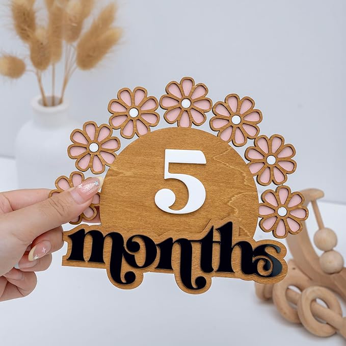 Wooden Baby Monthly Milestone Set, Floral Newborn Age Tracker with Numbers and Months Weeks Signs, Layered Wood Photo Prop for Baby Monthly Picture