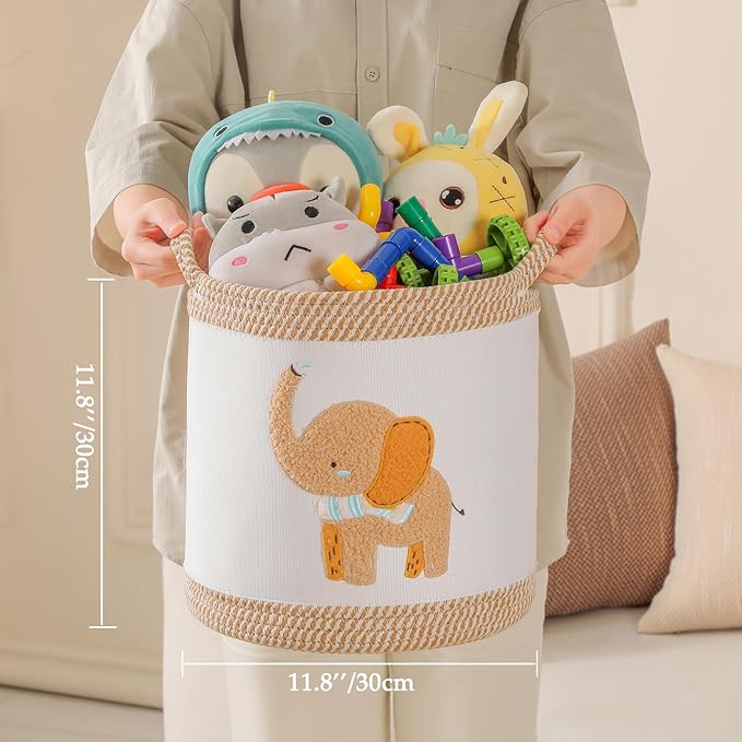 Baby Toy Basket Blanket Baskets Laundry Hamper Cute Elephant Nursery Organization Bins with Handle, Woven Cotton Rope Nursery Storage Basket For Girls Boys Kids Baby Shower Gifts Baskets