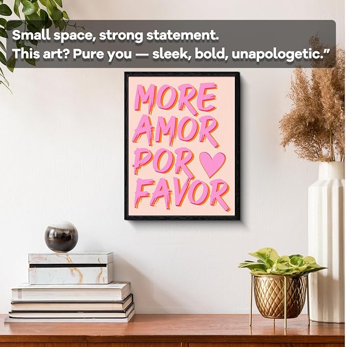 Spanish Love Wall Art, more love message, bright pop wall decor, matte finish framed canvas print, love poster artwork, for bedroom dorm couples gift, 12x15 inch