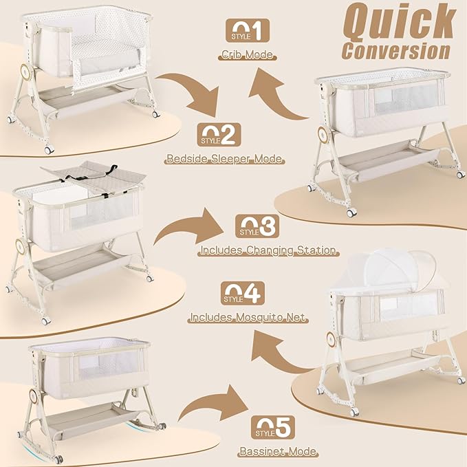 Baby Bassinets Bedside Sleeper 5 in 1,Bedside Bassinet for Baby with Mattress,Diaper Table, Storage Layer,Mosquito Net,7-level adjustable height , one-touch folding for travel with infants(Beige)
