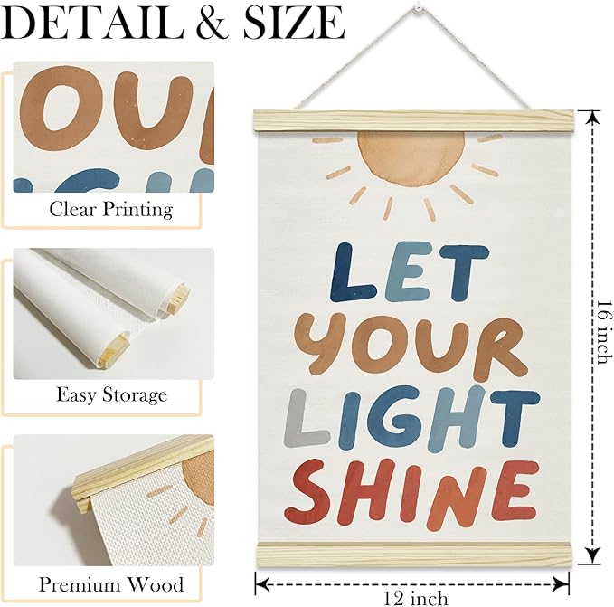 TRKAE Christian Nursery Canvas Poster Hanger Frame, Let Your Light Shine Wall Art for Kids, Sunshine Wall Decor for Classroom Preschool Bedroom -039