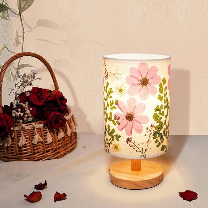 Dried Flowers Small Table Lamp 5W LED 3-Color Pressed Flower Bedside Lamp Linen Shade with Wood Base for Bedroom Living Room Desk Nursery