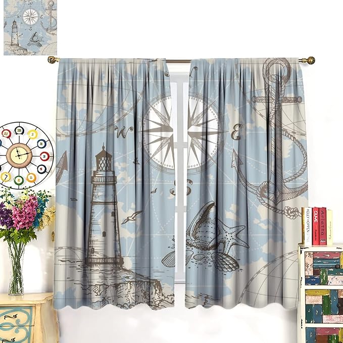 Nautical Theme Window Draperies, Pirate Sailboat Curtains for Bedroom & Living Room, Ocean Window Treatment - 2 Panels, 55x63 Inches