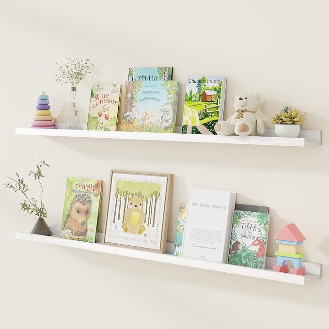 Fun Memories Picture Ledge Shelf, Pine Wood Floating Shelves Set of 2, 55 inch Nursery Book Shelves, Photo Ledge Book Shelves Wall Mounted for Living Room Kids' Room Bedroom - White