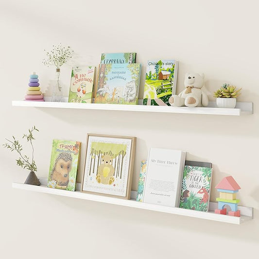 Fun Memories Picture Ledge Shelf, Pine Wood Floating Shelves Set of 2, 55 inch Nursery Book Shelves, Photo Ledge Book Shelves Wall Mounted for Living Room Kids' Room Bedroom - White