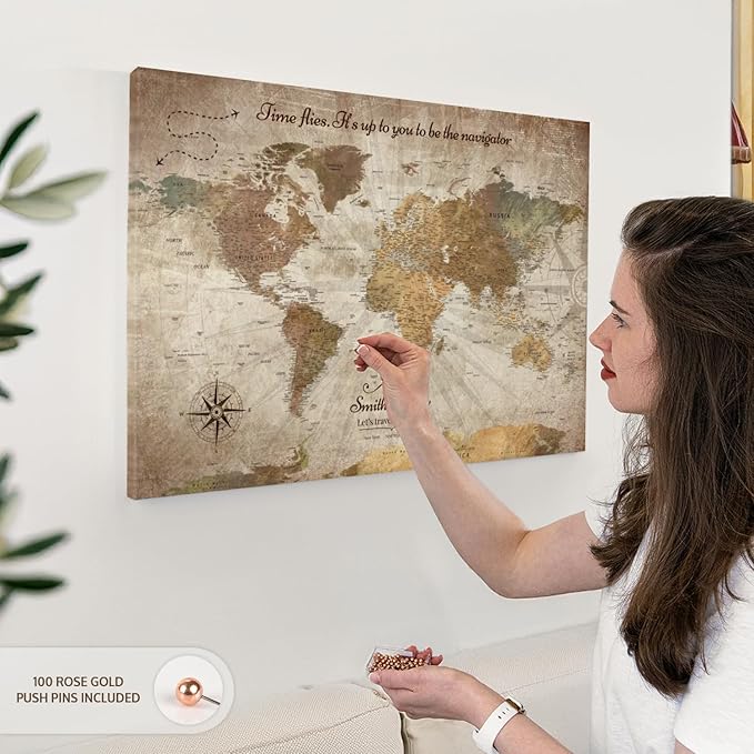 ElephantStock - Personalized Be The Navigator I Push Pin World Map Wall Art - Horizontal Canvas Wall Art - Living Room Wall Decor - Digital Art Map Canvas Art - Brown And Beige Decor - 30" x 20"