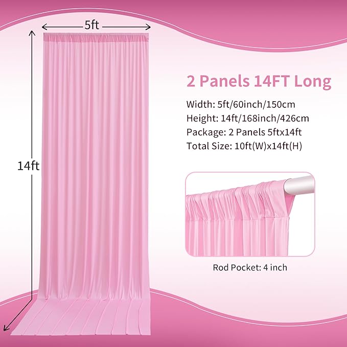 10×14 ft Pink Wrinkle Free Backdrop Curtain, Soft Silky Polyester Wedding Drapes 2 Panels 14ft Height Baby Pink Photo Backdrop Curtains for Parties Birthday Baby Shower Photography Background Cloth