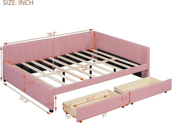 Harper & Bright Designs Full Size Upholstered Daybed with 2 Storage Drawers Sofa Bed Frame for Boys Girls Kids Adults Toddler No Box Spring Needed, Linen Fabric (Pink)