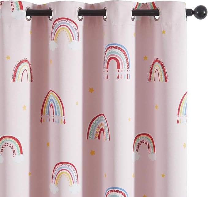 Vangao Boho Girls Blackout Curtains Pink for Kids Room 63 Inch Length, Rainbow Window Drapes for Living Room Nursery Thermal Grommet Insulated Room Darkening Curtains Bedroom, 2 Panels